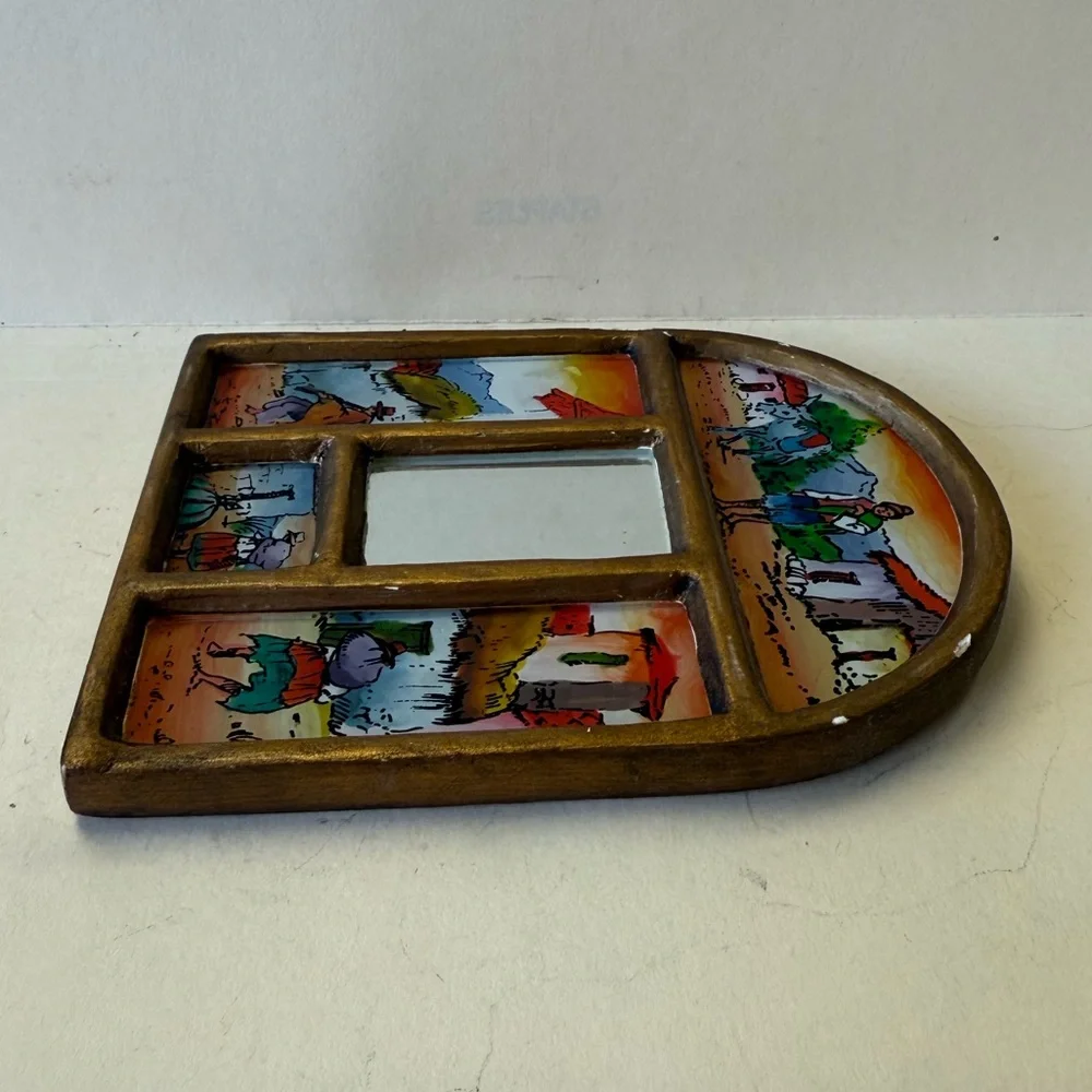 Vintage Peru Folk Art Painted Mirror Wood Frame Wall Hanging Handcrafted Decor